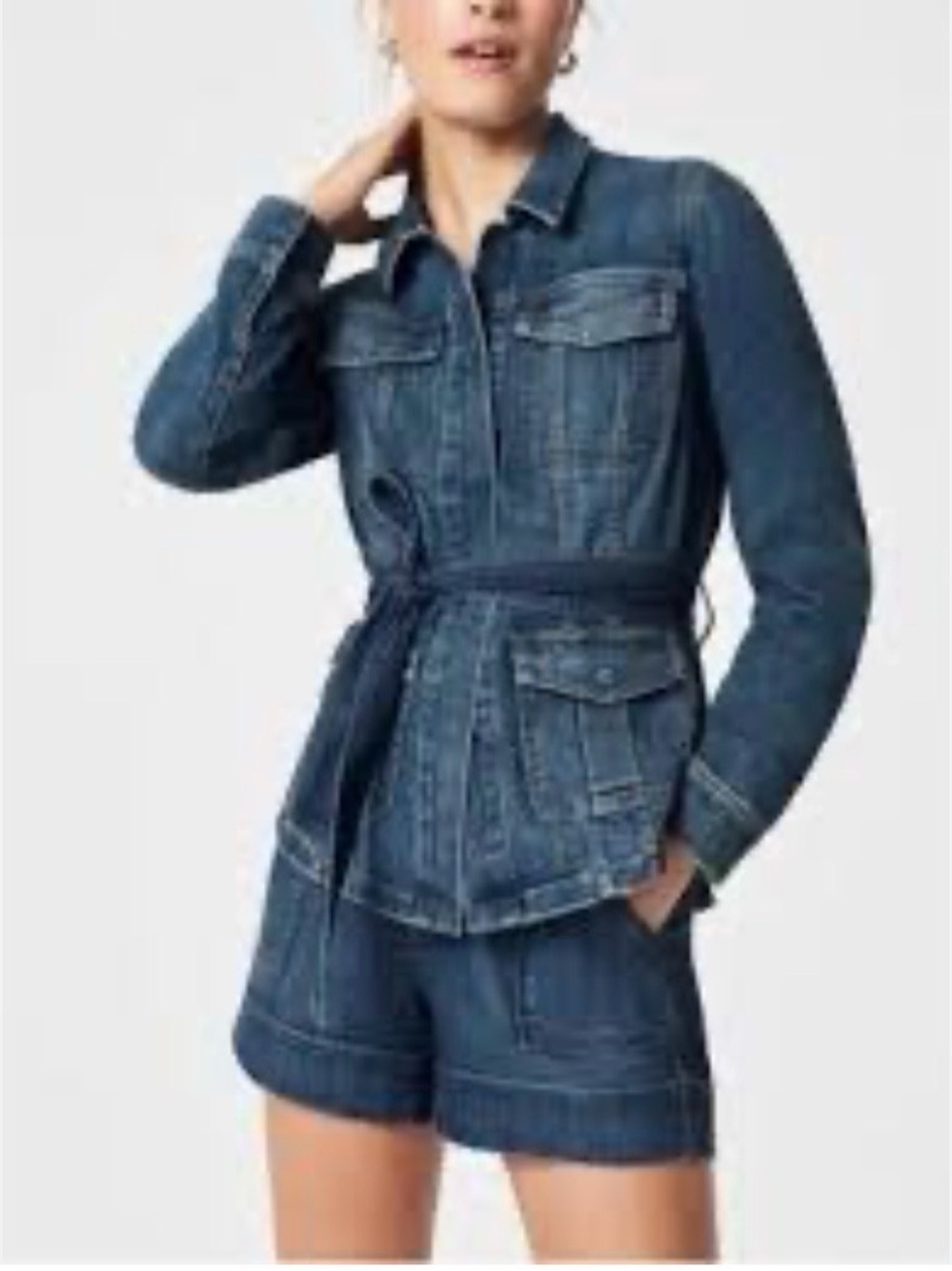 SPANX Tie-Front Denim Jean Shirt Jacket L Indigo Shacket Versatile Utility  Belt